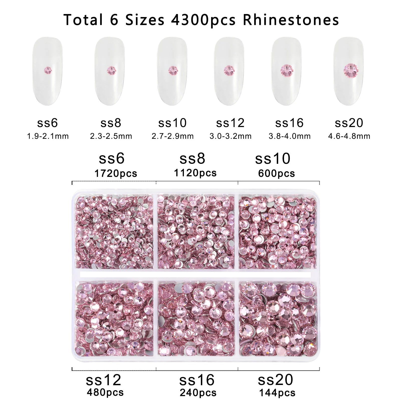 4300pcs Flatback Rhinestones, Nail Gems Round Crystal Rhinestones for Crafts,Mixed 6 Sizes with Picking Tweezers and Wax Pencil Kit- Light Pink - Image 3
