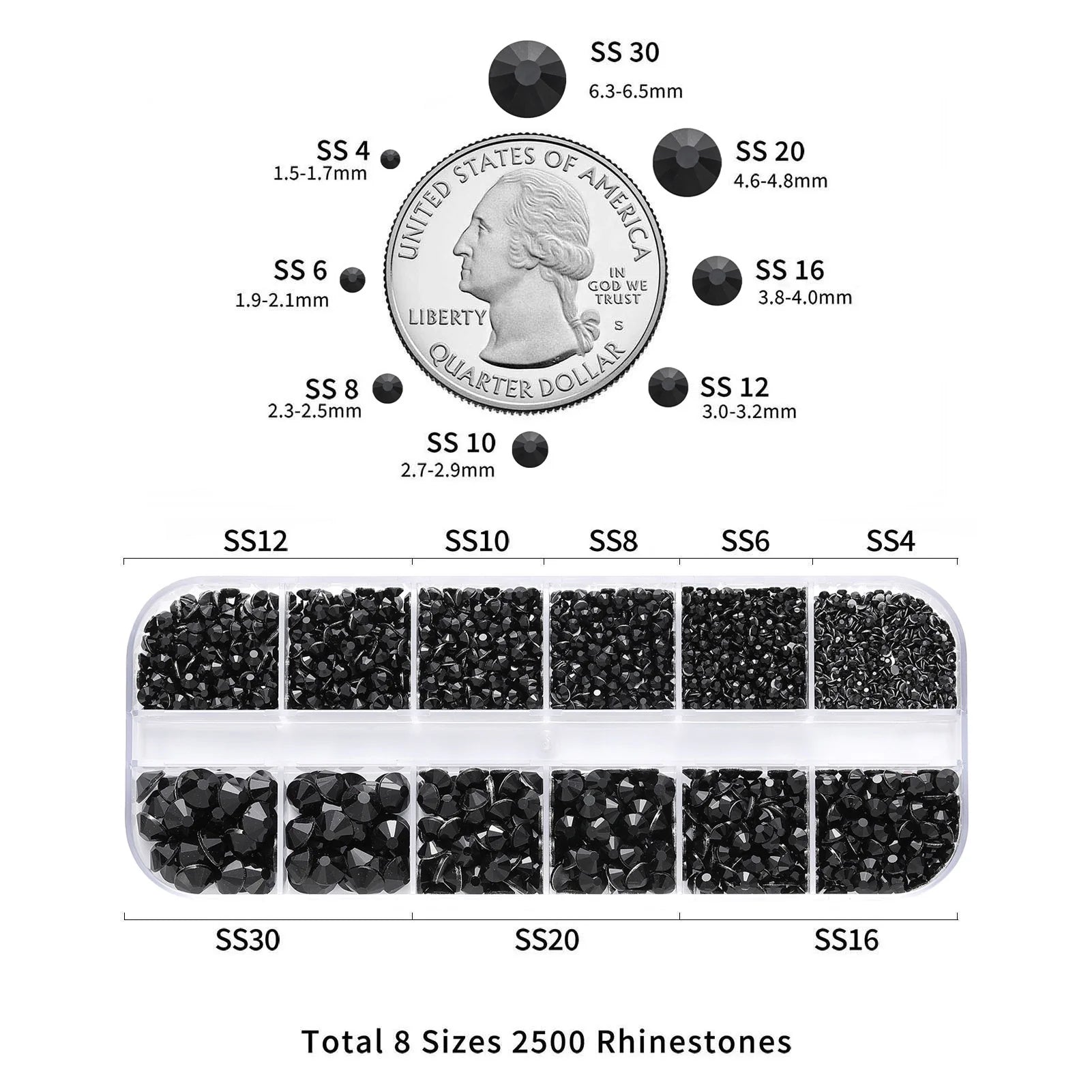 Rhinestones for Makeup,8 sizes 2500pcs Flatback Rhinestones Face Gems for Nails Crafts with Tweezers and Wax Pencil- Black - Image 3
