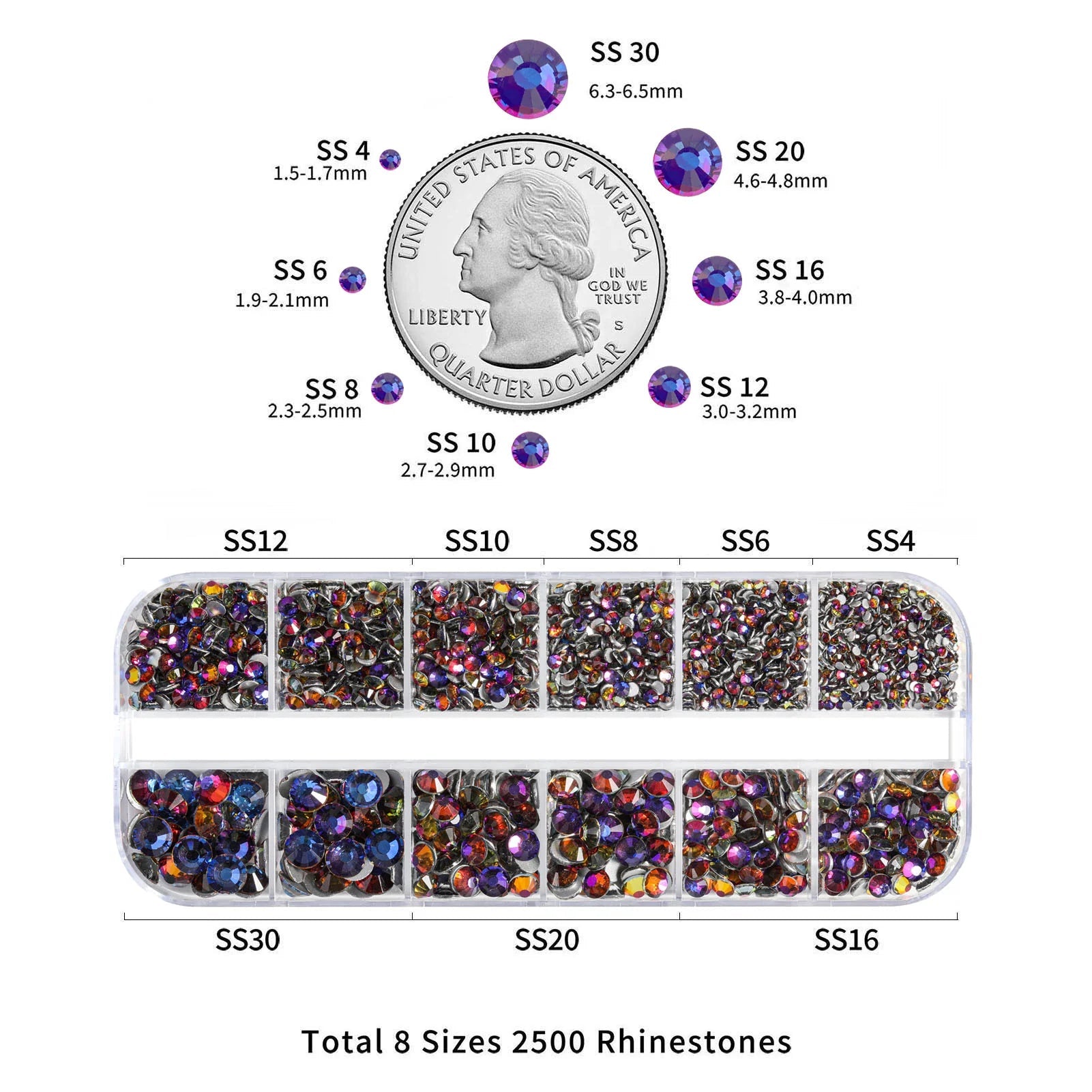 Rhinestones for Makeup,8 sizes 2500pcs Flatback Rhinestones Face Gems for Nails Crafts with Tweezers and Wax Pencil- Blue Volcano - Image 3