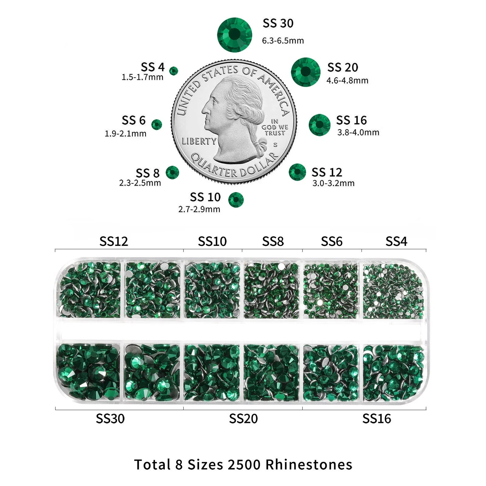 Rhinestones for Makeup,8 sizes 2500pcs Flatback Rhinestones Face Gems for Nails Crafts with Tweezers and Wax Pencil- Emerald - Image 3