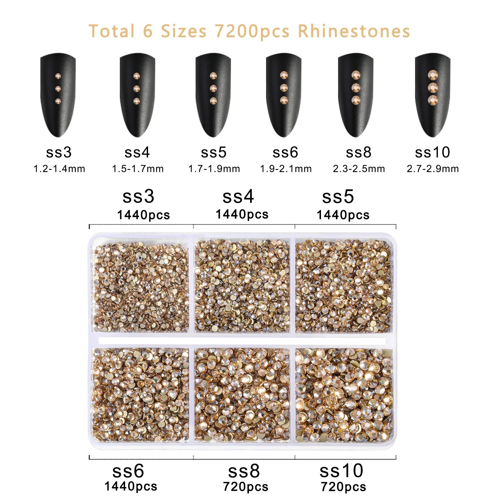 7200pcs Flatback Rhinestones,Nail Gems Round Crystal Rhinestones for Crafts,Mixed 6 Sizes with Wax Pencil Kit, SS3-SS10- Golden Shadow - Image 4