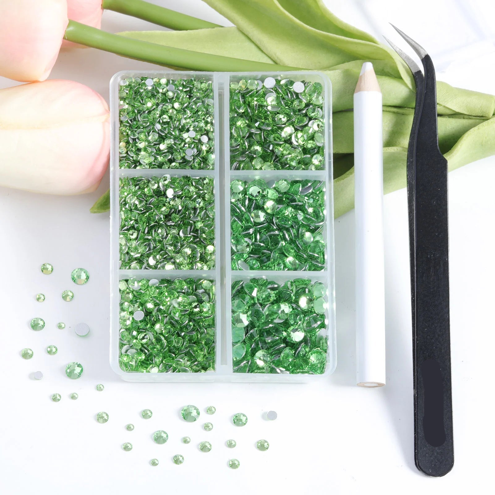 4300pcs Flatback Rhinestones, Nail Gems Round Crystal Rhinestones for Crafts,Mixed 6 Sizes with Picking Tweezers and Wax Pencil Kit -lightgreen - Image 4