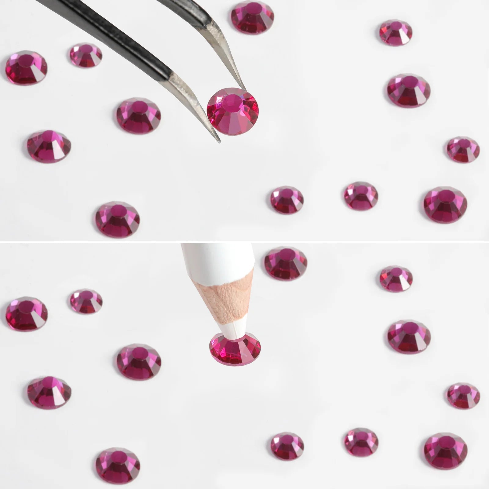 Rhinestones for Makeup,8 sizes 2500pcs Flatback Rhinestones Face Gems for Nails Crafts with Tweezers and Wax Pencil- Fuchsia - Image 4