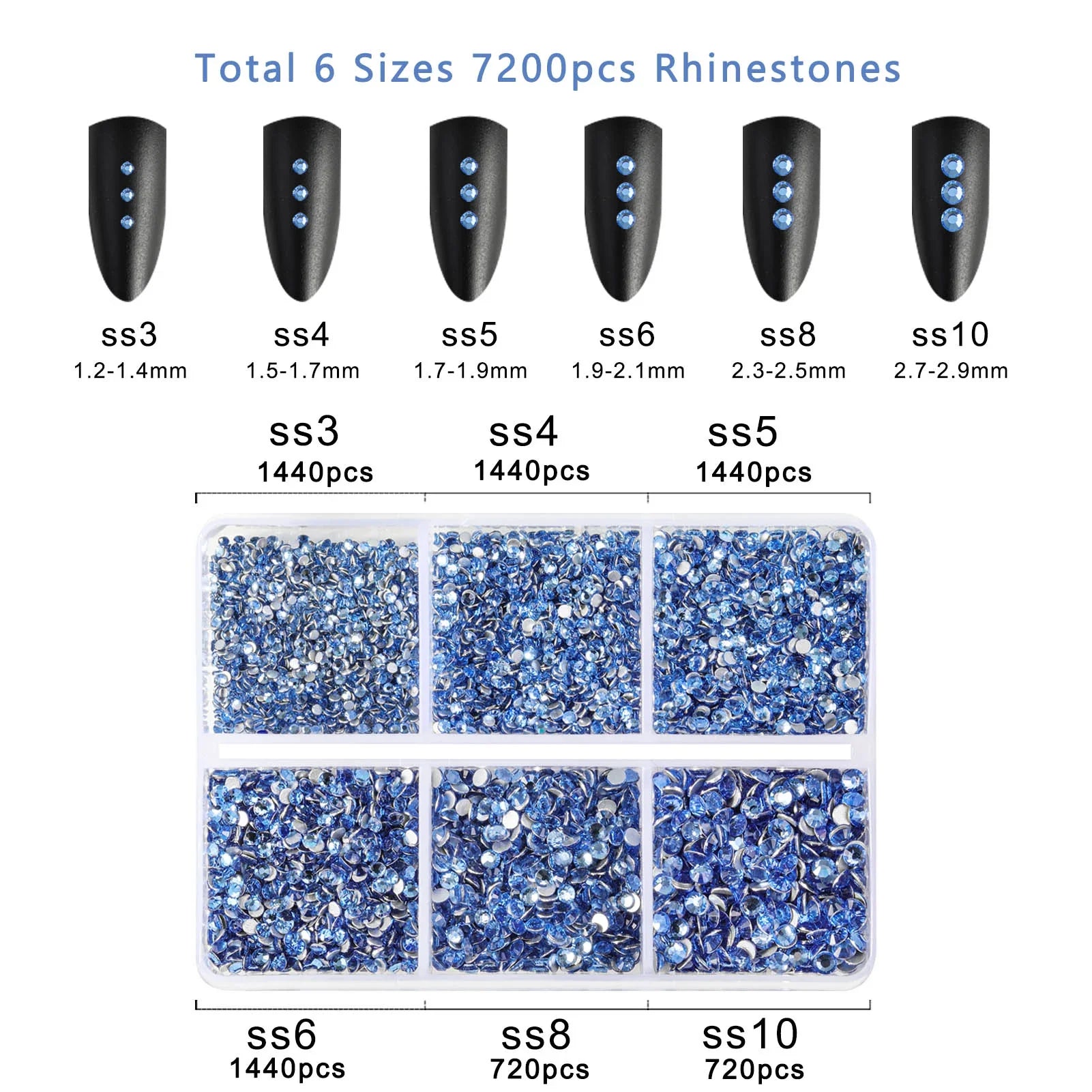 7200pcs Flatback Rhinestones,Nail Gems Round Crystal Rhinestones for Crafts,Mixed 6 Sizes with Wax Pencil Kit, SS3-SS10- Light Sapphire - Image 4