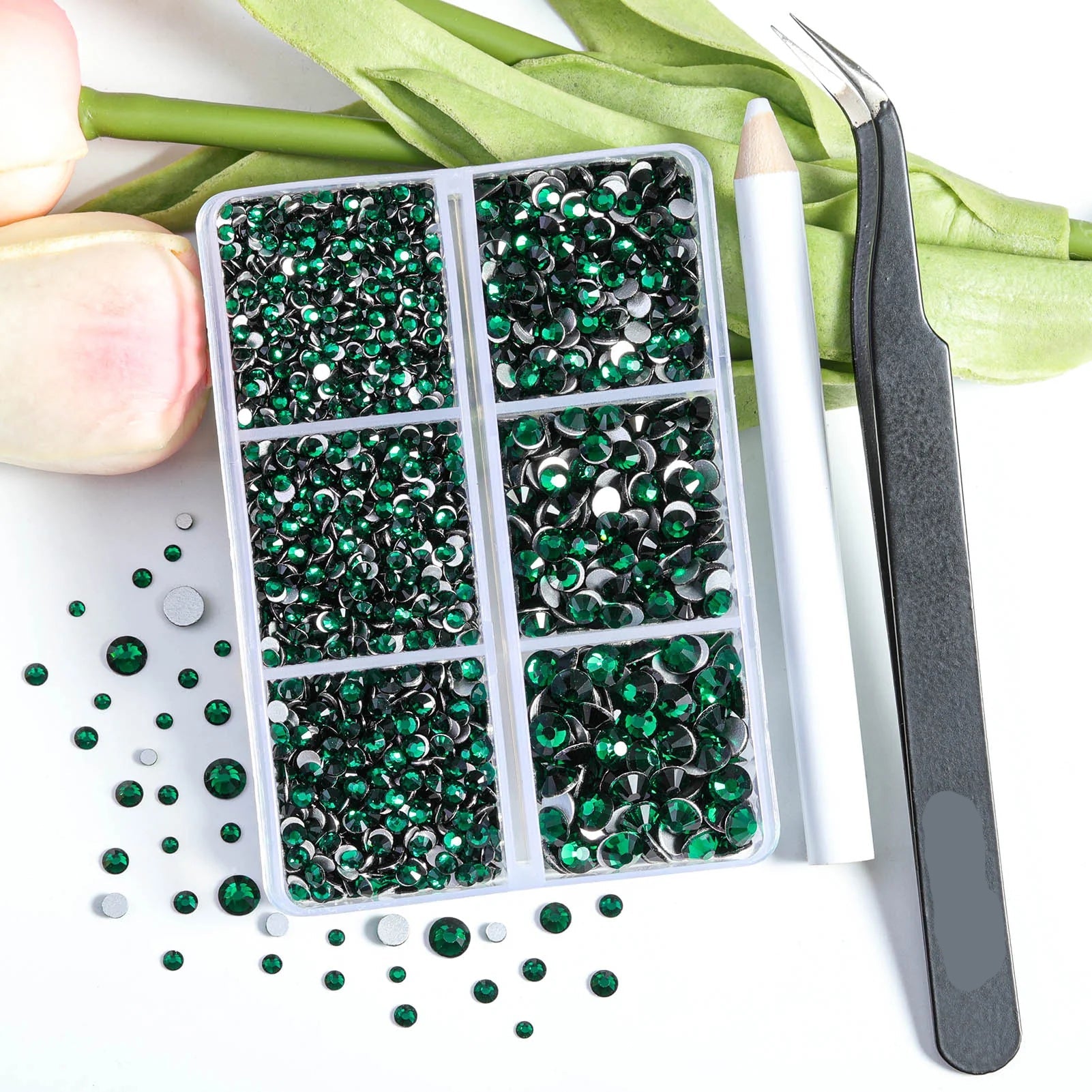 4300pcs Flatback Rhinestones, Nail Gems Round Crystal Rhinestones for Crafts,Mixed 6 Sizes with Picking Tweezers and Wax Pencil Kit- Emerald - Image 4