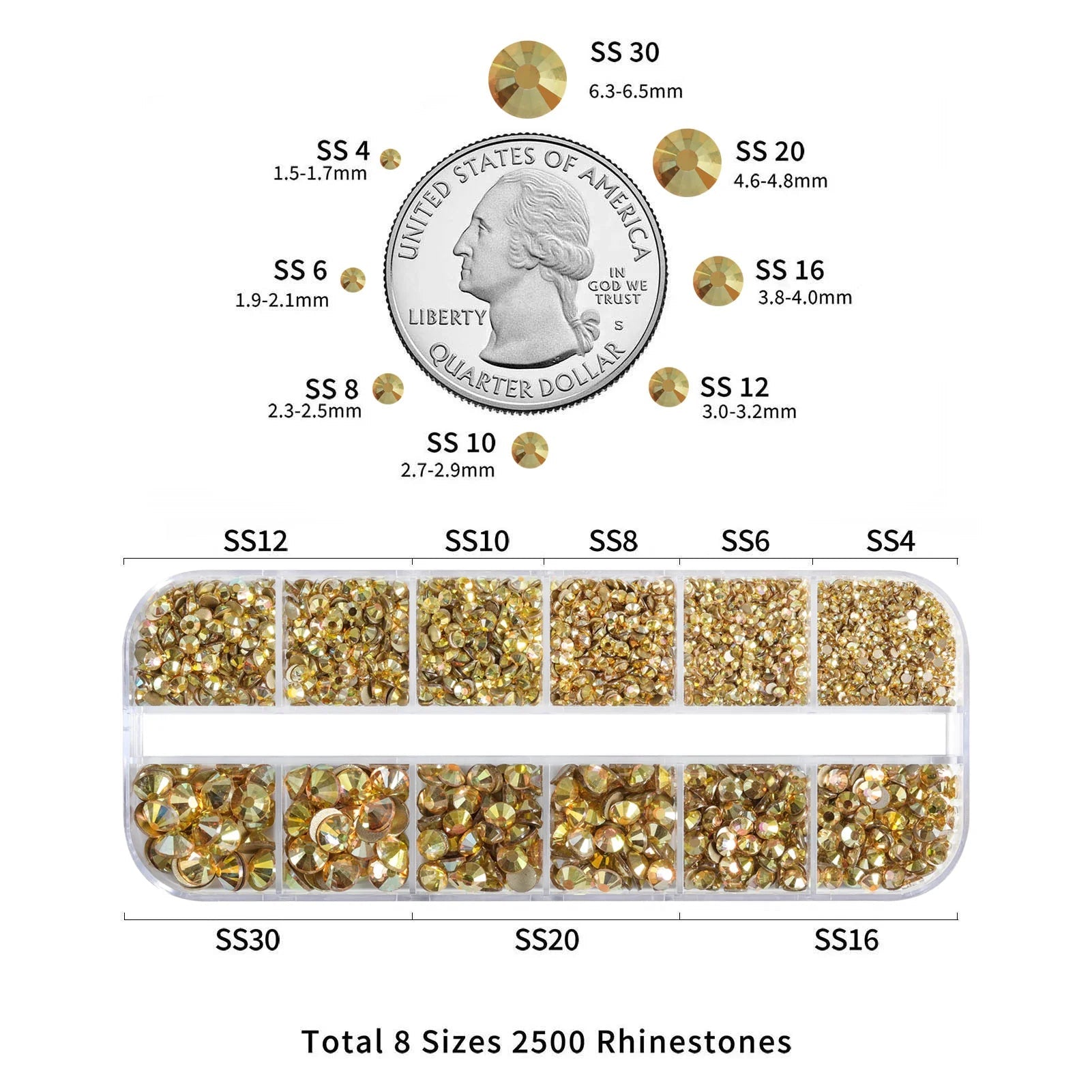 Rhinestones for Makeup,8 sizes 2500pcs Flatback Rhinestones Face Gems for Nails Crafts with Tweezers and Wax Pencil- Metal Sunlight - Image 4