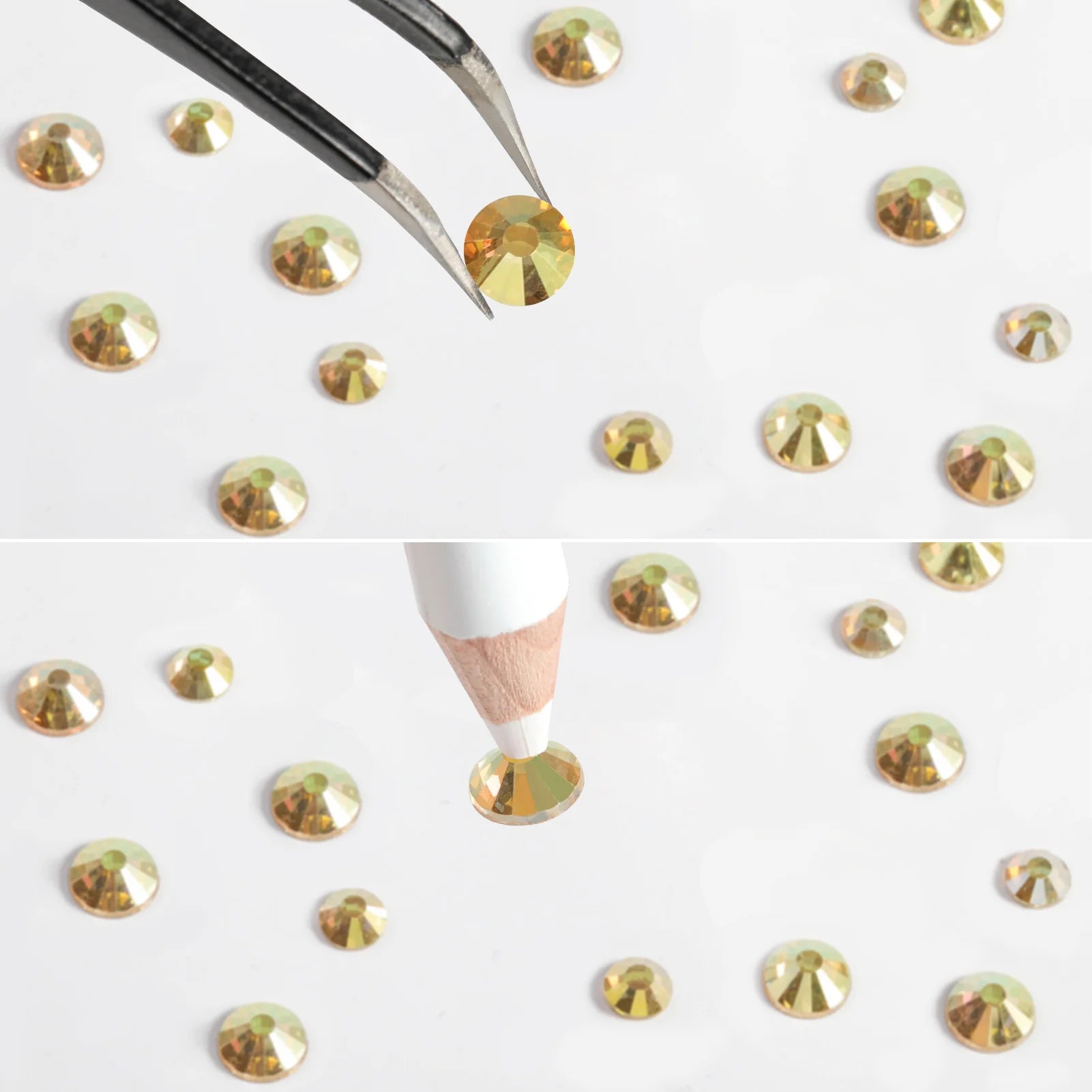 Rhinestones for Makeup,8 sizes 2500pcs Flatback Rhinestones Face Gems for Nails Crafts with Tweezers and Wax Pencil- Metal Sunlight - Image 5