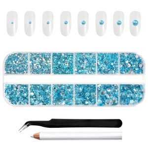 Rhinestones for Makeup,8 sizes 2500pcs Flatback Rhinestones Face Gems for Nails Crafts with Tweezers and Wax Pencil - Aquamarine