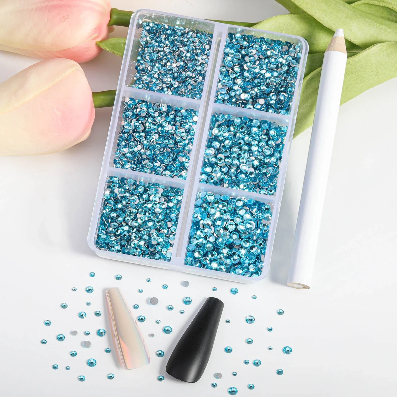 7200pcs Flatback Rhinestones,Nail Gems Round Crystal Rhinestones for Crafts,Mixed 6 Sizes with Wax Pencil Kit, SS3-SS10- Aquamarine - Image 2