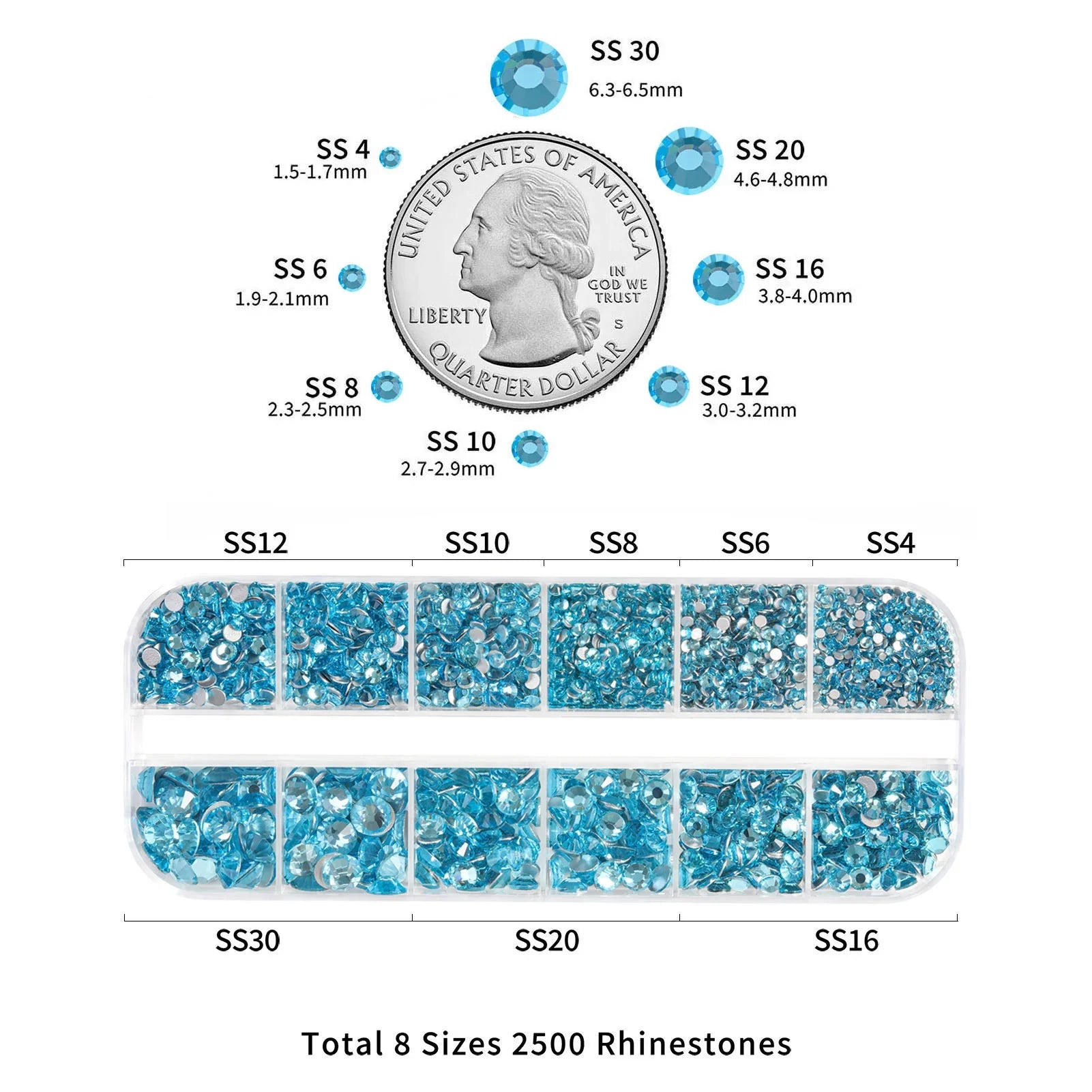 Rhinestones for Makeup,8 sizes 2500pcs Flatback Rhinestones Face Gems for Nails Crafts with Tweezers and Wax Pencil - Aquamarine - Image 3