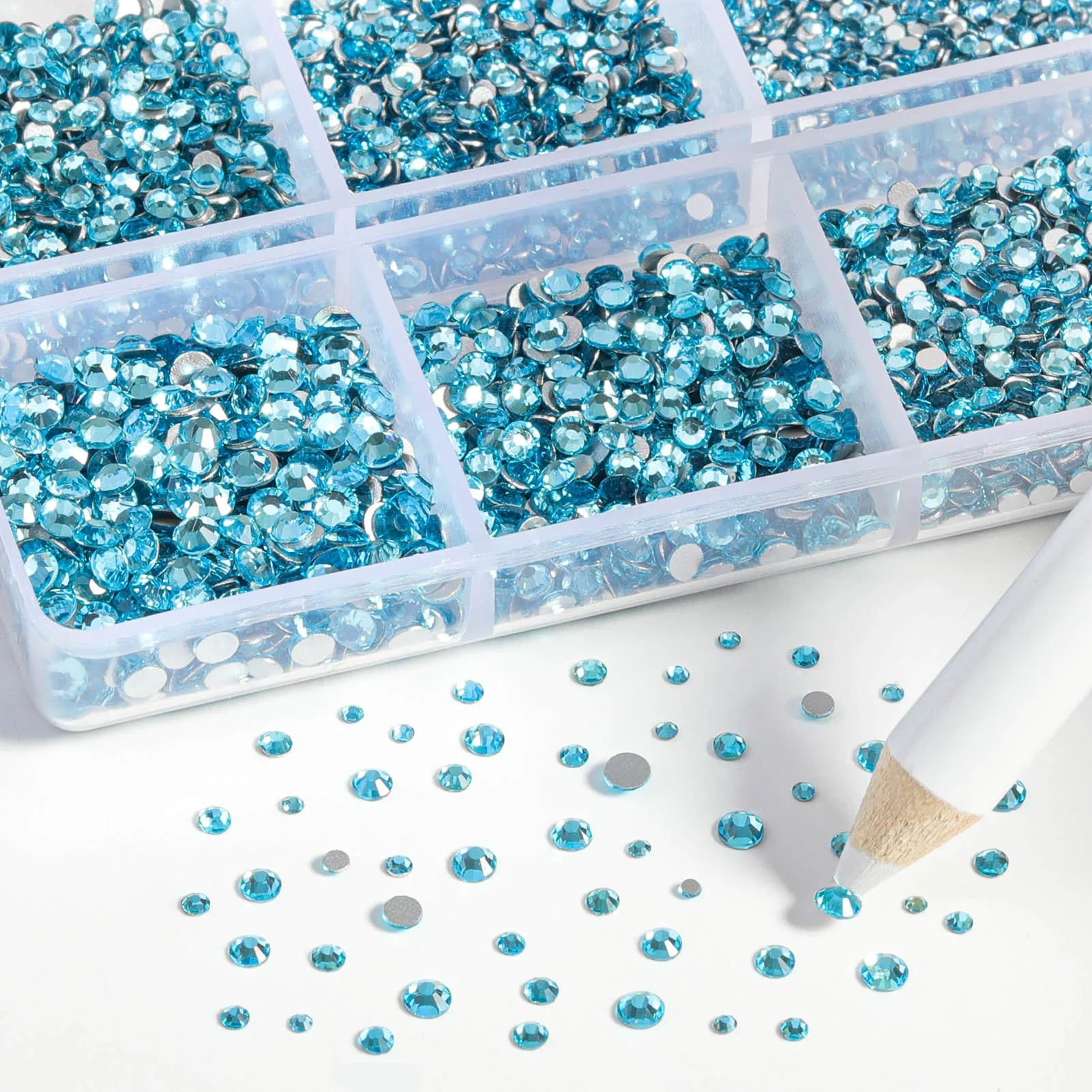 7200pcs Flatback Rhinestones,Nail Gems Round Crystal Rhinestones for Crafts,Mixed 6 Sizes with Wax Pencil Kit, SS3-SS10- Aquamarine - Image 3