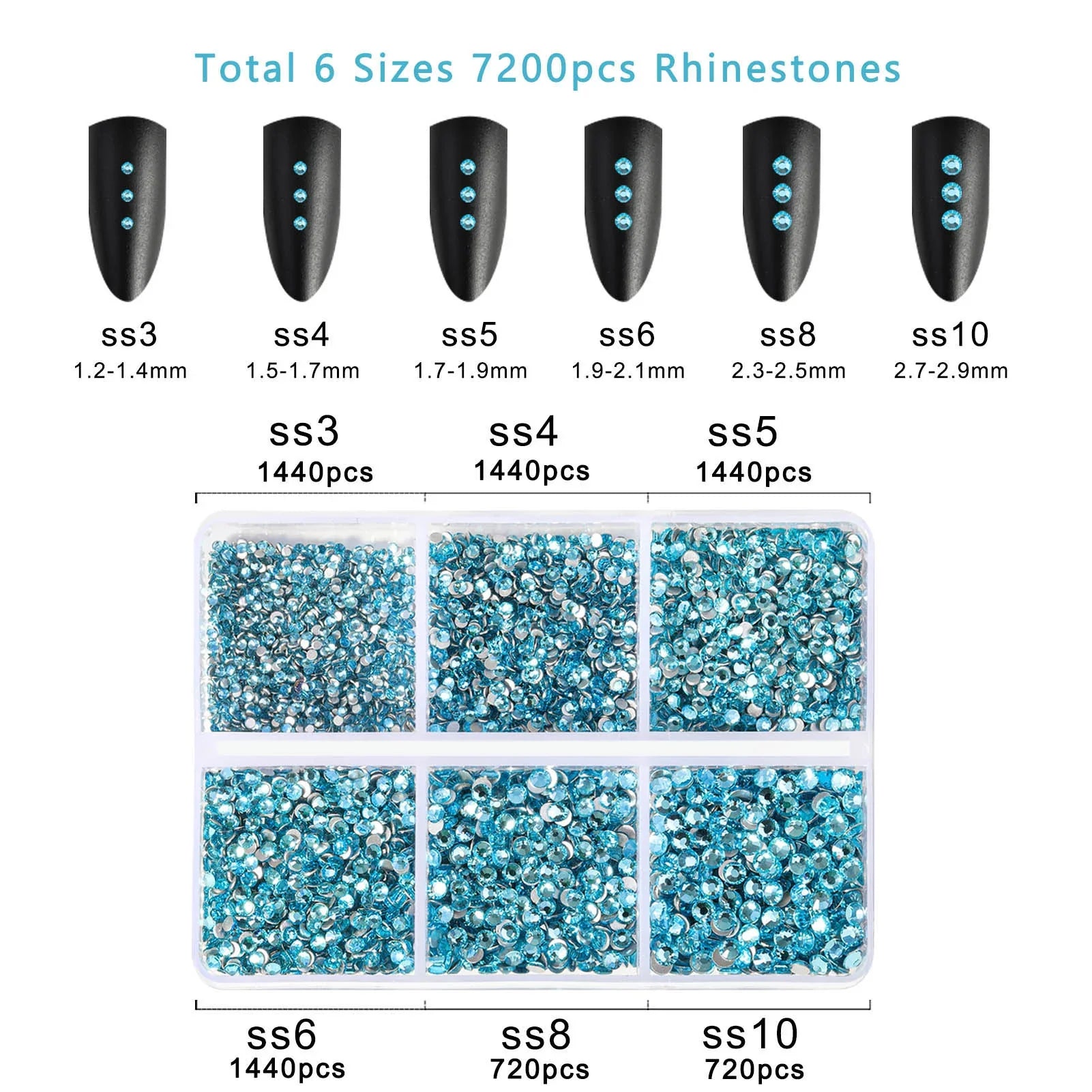 7200pcs Flatback Rhinestones,Nail Gems Round Crystal Rhinestones for Crafts,Mixed 6 Sizes with Wax Pencil Kit, SS3-SS10- Aquamarine - Image 4