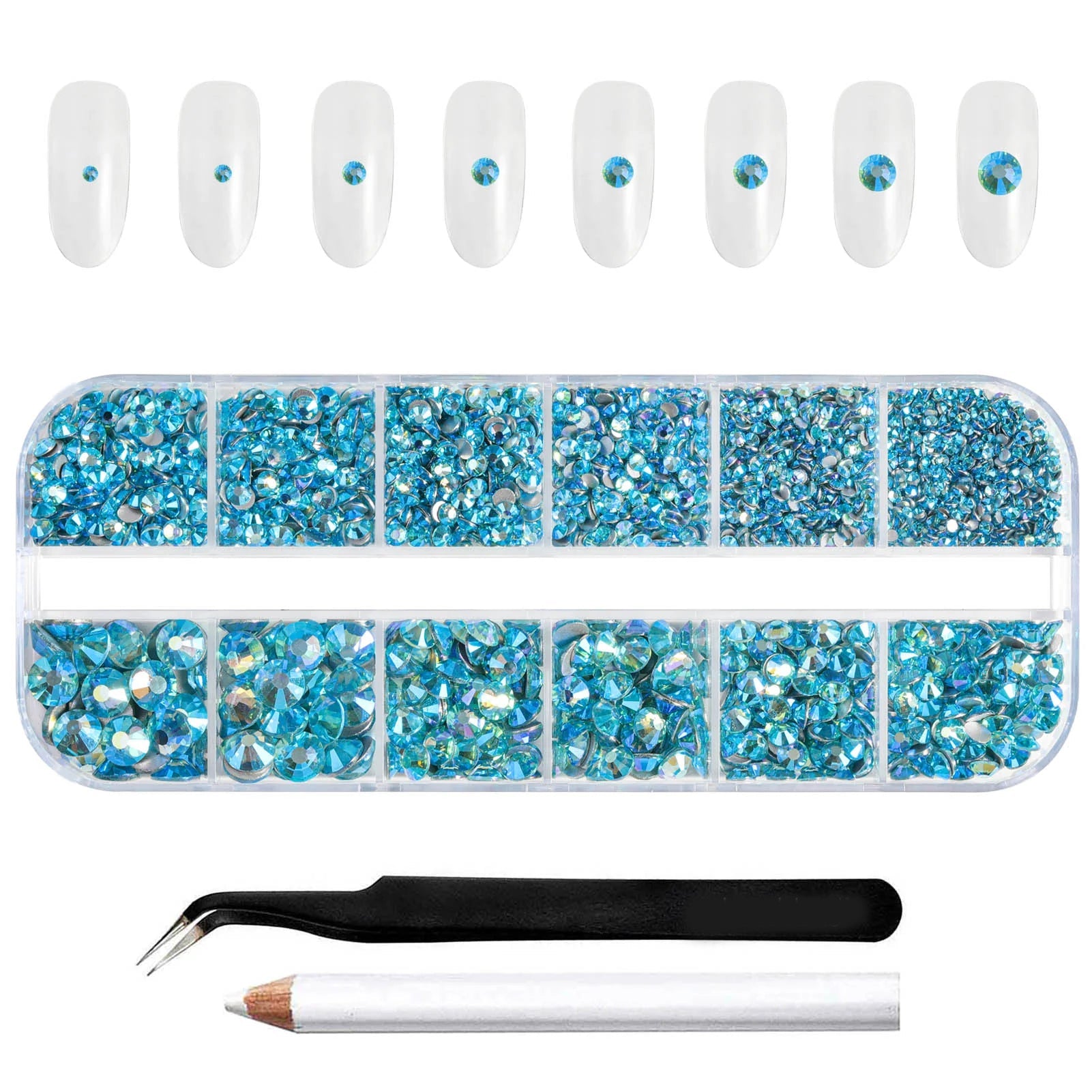 Rhinestones for Makeup,8 sizes 2500pcs Flatback Rhinestones Face Gems for Nails Crafts with Tweezers and Wax Pencil- AquamarineAB
