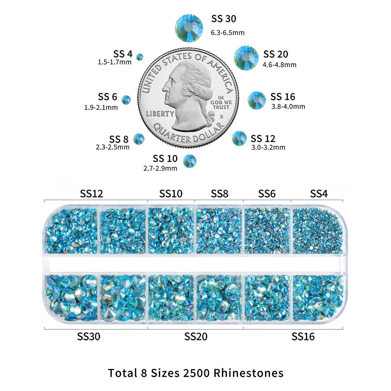 Rhinestones for Makeup,8 sizes 2500pcs Flatback Rhinestones Face Gems for Nails Crafts with Tweezers and Wax Pencil- AquamarineAB - Image 3