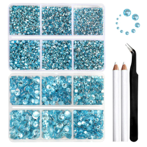 8300PCS Flatback Rhinestones, Nail Gems Round Crystal Rhinestones for Crafts, Mixed 10 Sizes with Wax Pencil and Tweezer Kit, SS3-SS30-Aquamarine