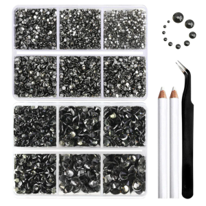 8300PCS Flatback Rhinestones, Nail Gems Round Crystal Rhinestones for Crafts, Mixed 10 Sizes with Wax Pencil and Tweezer Kit, SS3-SS30-Black Diamond