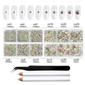 8300PCS Flatback Rhinestones, Nail Gems Round Crystal Rhinestones for Crafts, Mixed 10 Sizes with Wax Pencil and Tweezer Kit, SS3-SS30 - Crystal AB