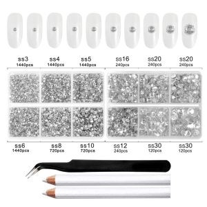 8300PCS Flatback Rhinestones, Nail Gems Round Crystal Rhinestones for Crafts, Mixed 10 Sizes with Wax Pencil and Tweezer Kit, SS3-SS30 - Crystal