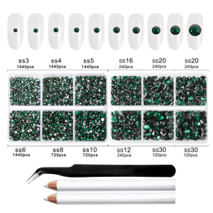 8300PCS Flatback Rhinestones, Nail Gems Round Crystal Rhinestones for Crafts, Mixed 10 Sizes with Wax Pencil and Tweezer Kit, SS3-SS30-Emerald