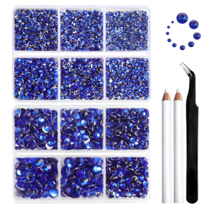 8300PCS Flatback Rhinestones, Nail Gems Round Crystal Rhinestones for Crafts, Mixed 10 Sizes with Wax Pencil and Tweezer Kit, SS3-SS30-Sapphire