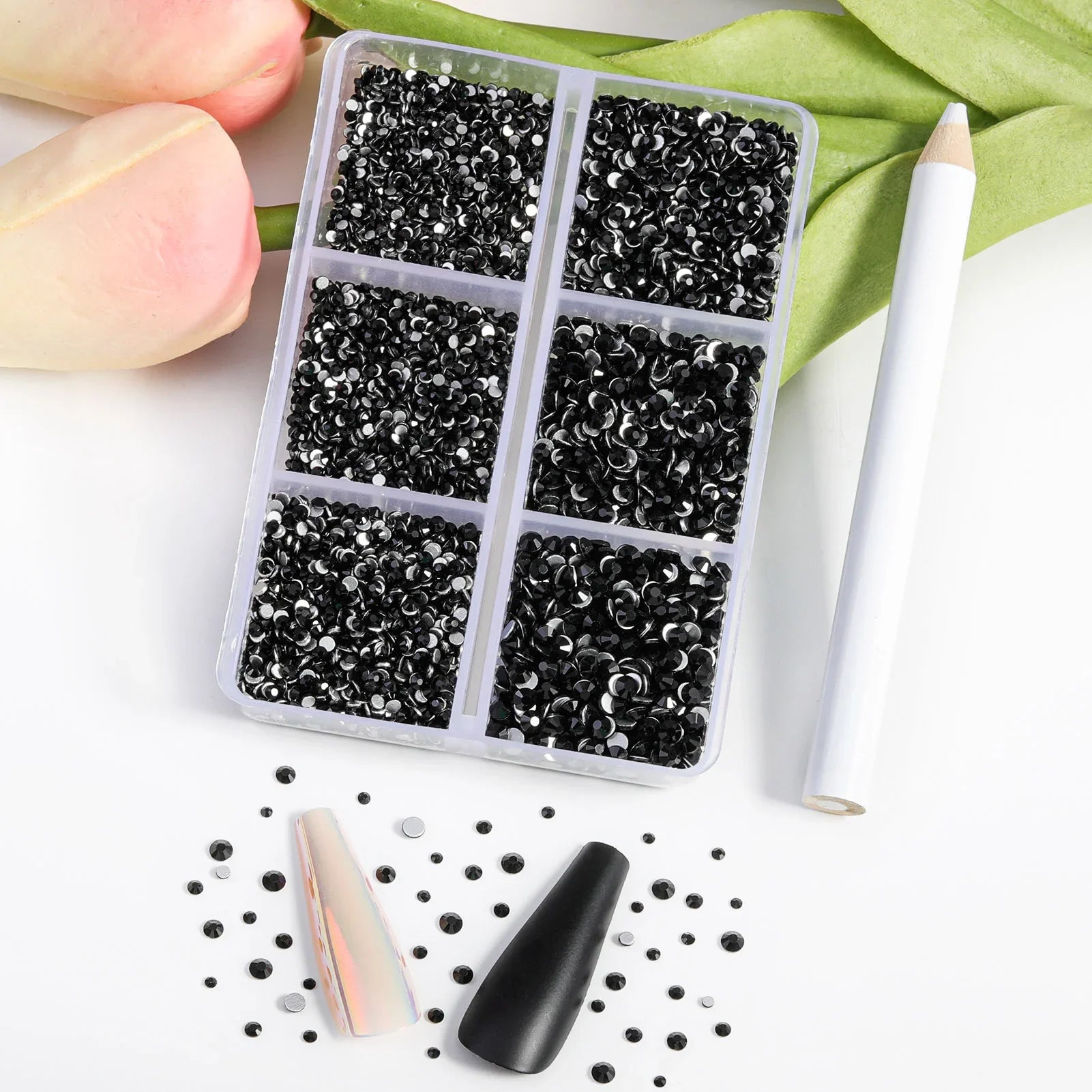 7200pcs Flatback Rhinestones,Nail Gems Round Crystal Rhinestones for Crafts,Mixed 6 Sizes with Wax Pencil Kit, SS3-SS10- Black - Image 2