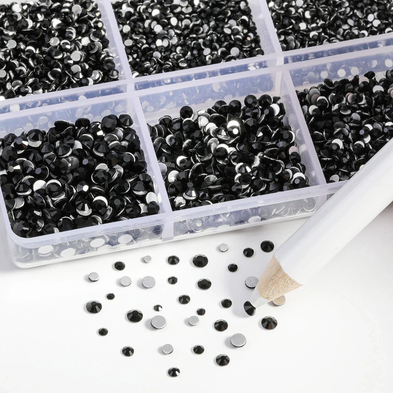 7200pcs Flatback Rhinestones,Nail Gems Round Crystal Rhinestones for Crafts,Mixed 6 Sizes with Wax Pencil Kit, SS3-SS10- Black - Image 3