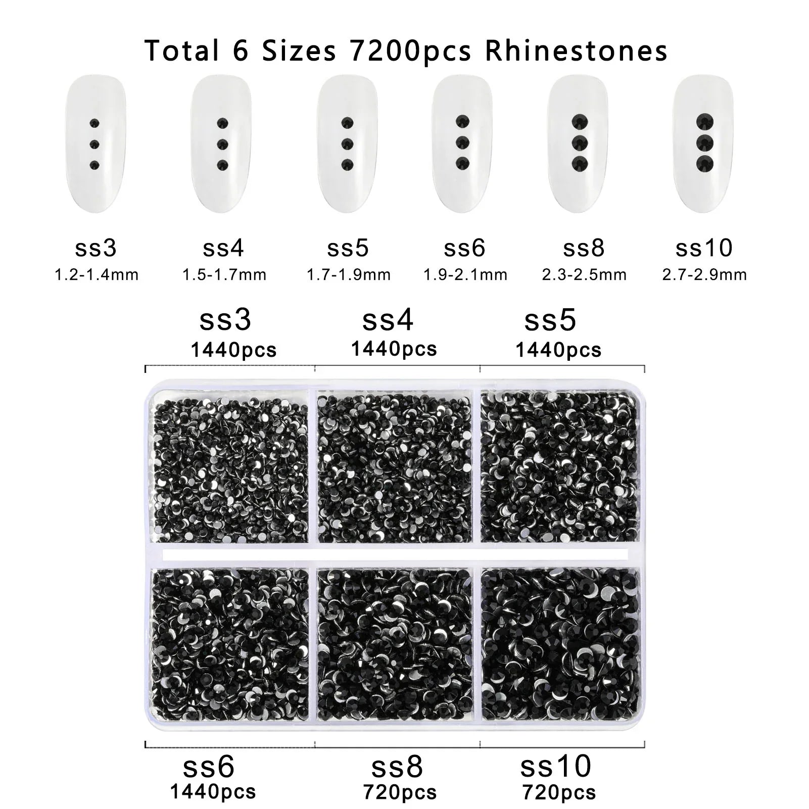 7200pcs Flatback Rhinestones,Nail Gems Round Crystal Rhinestones for Crafts,Mixed 6 Sizes with Wax Pencil Kit, SS3-SS10- Black - Image 4