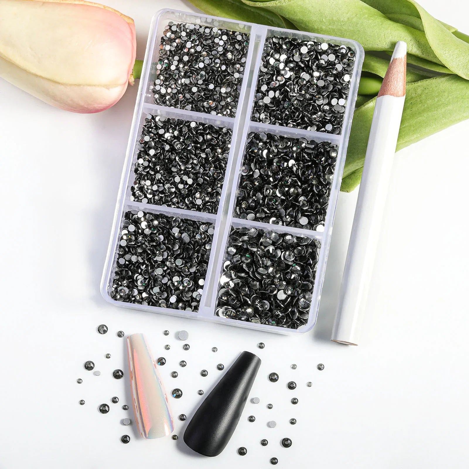 7200pcs Flatback Rhinestones,Nail Gems Round Crystal Rhinestones for Crafts,Mixed 6 Sizes with Wax Pencil Kit, SS3-SS10- Black Diamond - Image 2