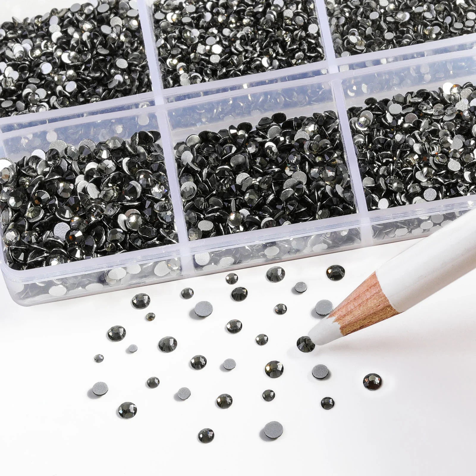7200pcs Flatback Rhinestones,Nail Gems Round Crystal Rhinestones for Crafts,Mixed 6 Sizes with Wax Pencil Kit, SS3-SS10- Black Diamond - Image 3