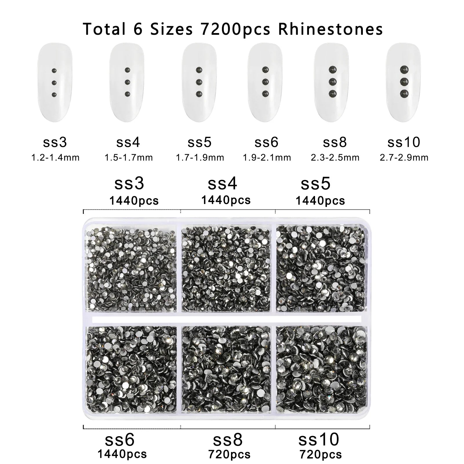7200pcs Flatback Rhinestones,Nail Gems Round Crystal Rhinestones for Crafts,Mixed 6 Sizes with Wax Pencil Kit, SS3-SS10- Black Diamond - Image 4