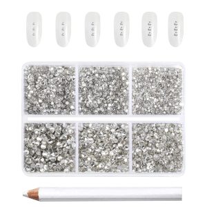 7200pcs Flatback Rhinestones,Nail Gems Round Crystal Rhinestones for Crafts,Mixed 6 Sizes with Wax Pencil Kit, SS3-SS10- Crystal