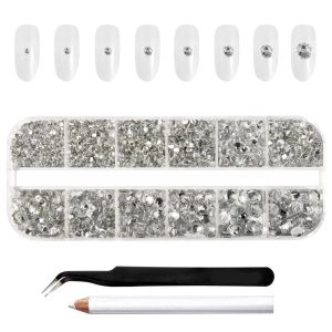 Rhinestones for Makeup,8 sizes 2500pcs Flatback Rhinestones Face Gems for Nails Crafts with Tweezers and Wax Pencil- Crystal