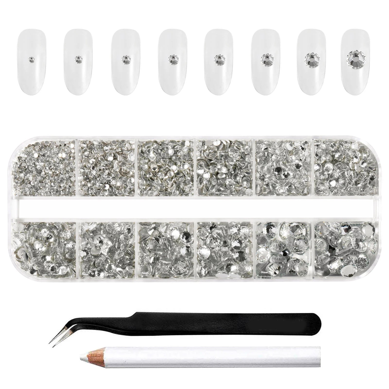 Rhinestones for Makeup,8 sizes 2500pcs Flatback Rhinestones Face Gems for Nails Crafts with Tweezers and Wax Pencil- Crystal