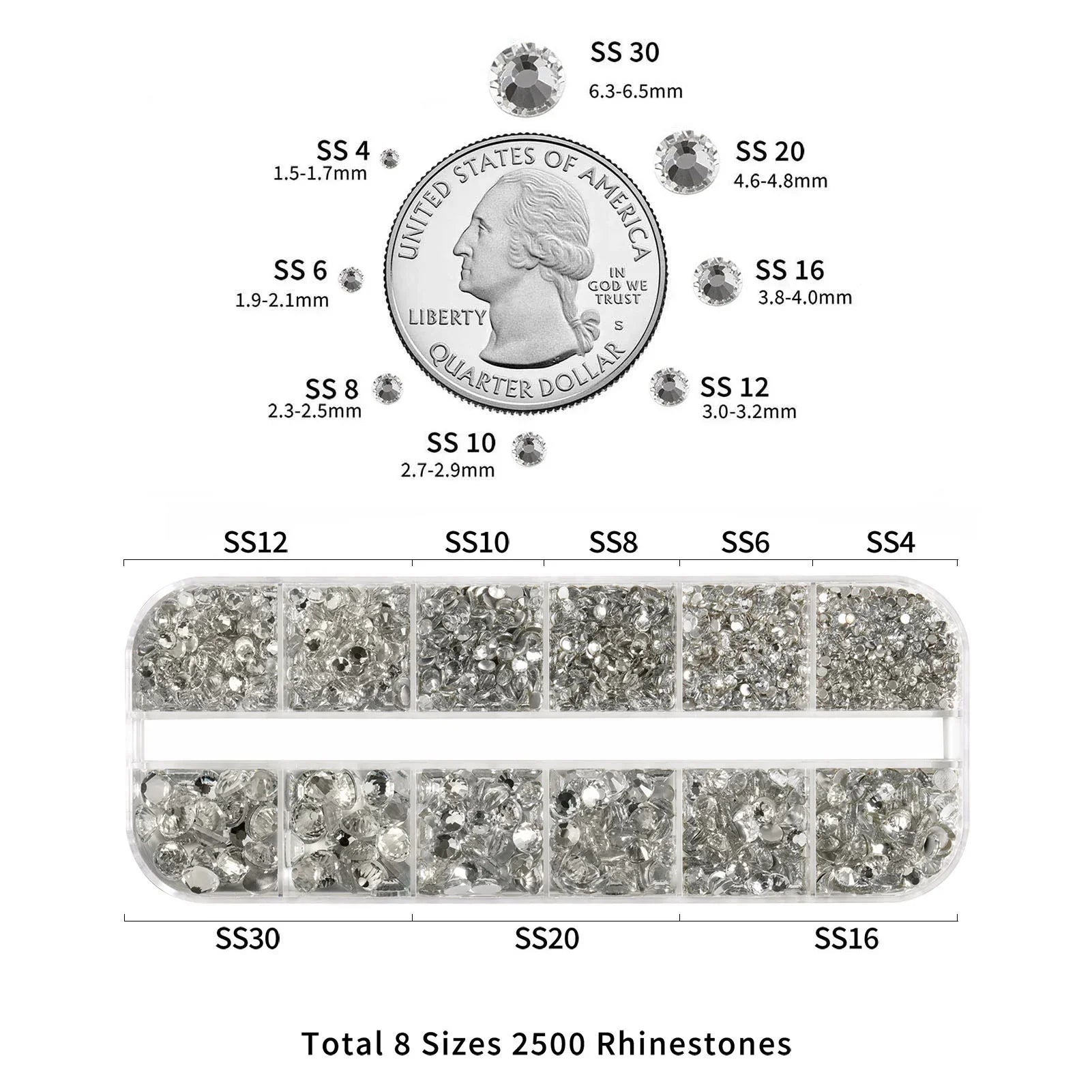 Rhinestones for Makeup,8 sizes 2500pcs Flatback Rhinestones Face Gems for Nails Crafts with Tweezers and Wax Pencil- Crystal - Image 3