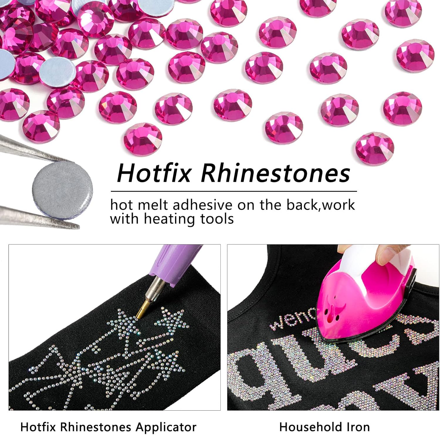 Hotfix Rhinestones, Crystal Rhinestones for Crafts Clothes DIY Decoration-Fuchsia - Image 4