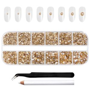 Rhinestones for Makeup,8 sizes 2500pcs Flatback Rhinestones Face Gems for Nails Crafts with Tweezers and Wax Pencil- Golden Shadow