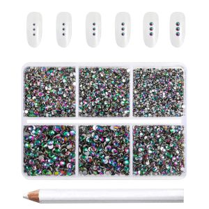 7200pcs Flatback Rhinestones,Nail Gems Round Crystal Rhinestones for Crafts,Mixed 6 Sizes with Wax Pencil Kit, SS3-SS10- Green Volcano