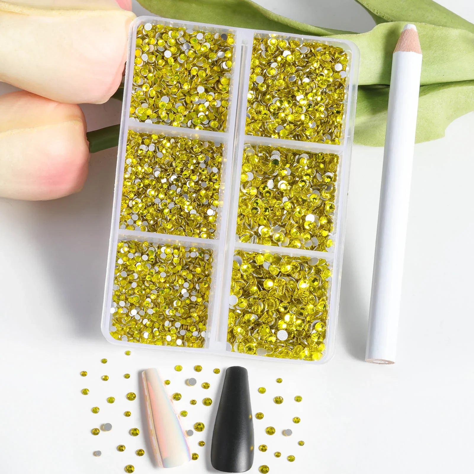 7200pcs Flatback Rhinestones,Nail Gems Round Crystal Rhinestones for Crafts,Mixed 6 Sizes with Wax Pencil Kit, SS3-SS10- Lemon Yellow - Image 2