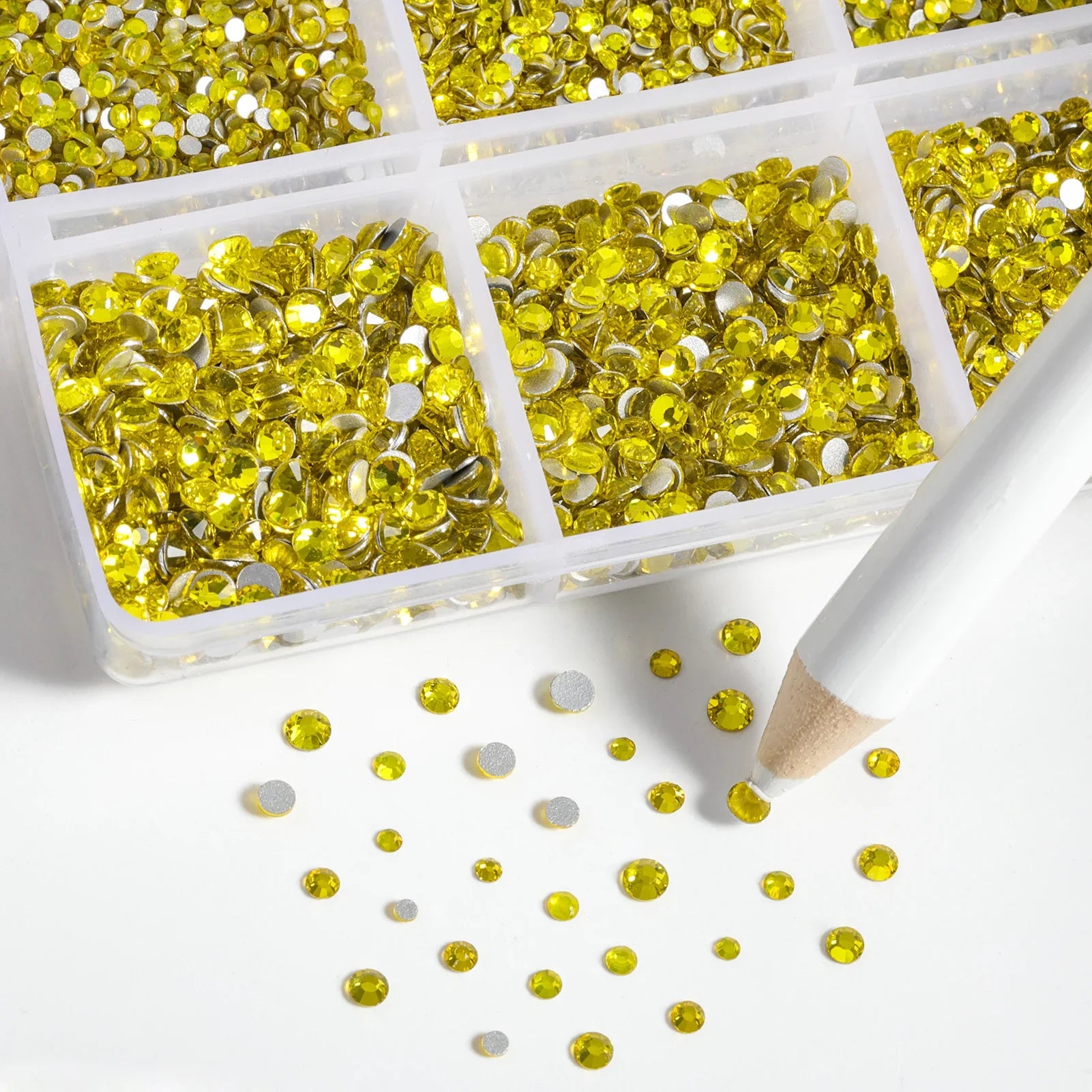 7200pcs Flatback Rhinestones,Nail Gems Round Crystal Rhinestones for Crafts,Mixed 6 Sizes with Wax Pencil Kit, SS3-SS10- Lemon Yellow - Image 3