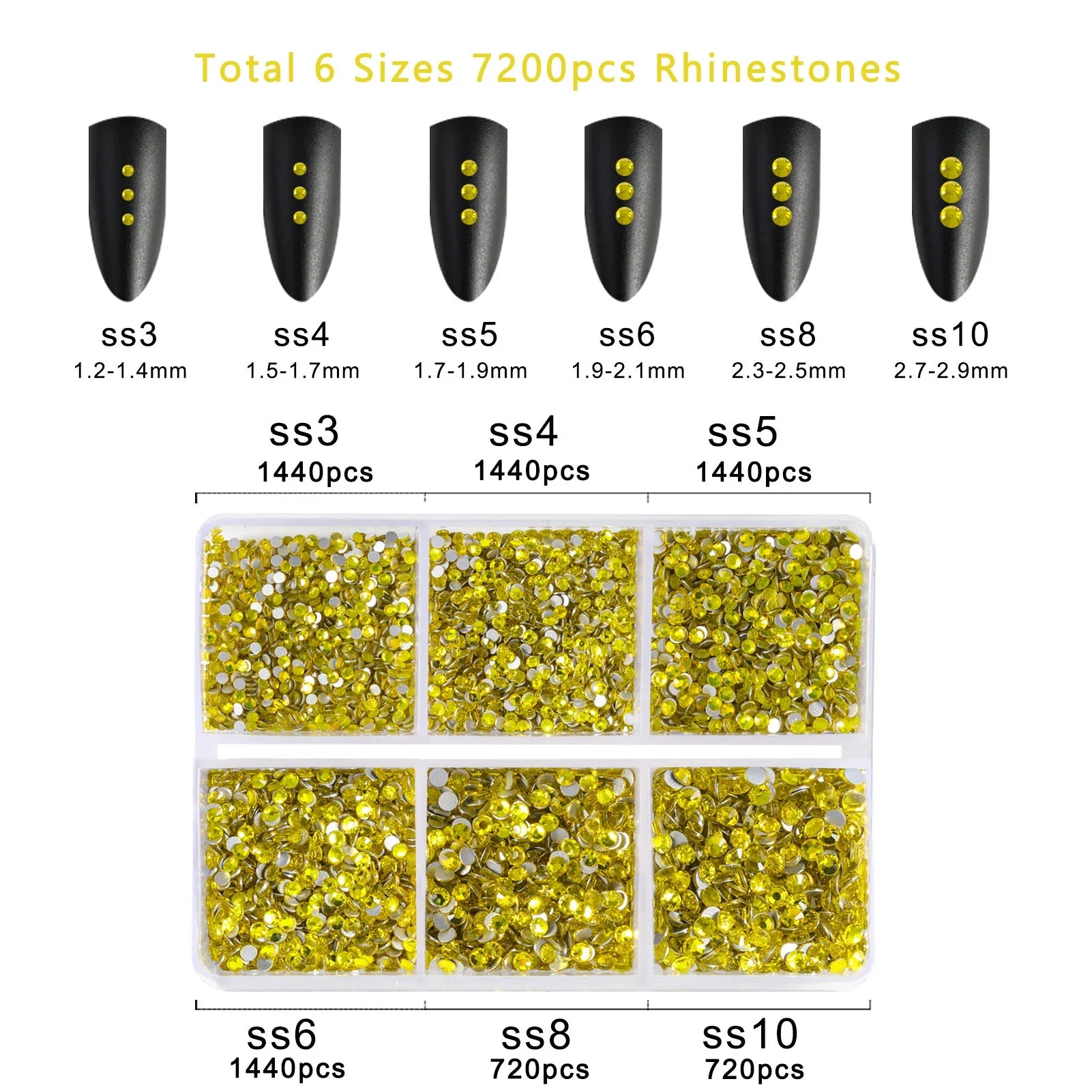 7200pcs Flatback Rhinestones,Nail Gems Round Crystal Rhinestones for Crafts,Mixed 6 Sizes with Wax Pencil Kit, SS3-SS10- Lemon Yellow - Image 4