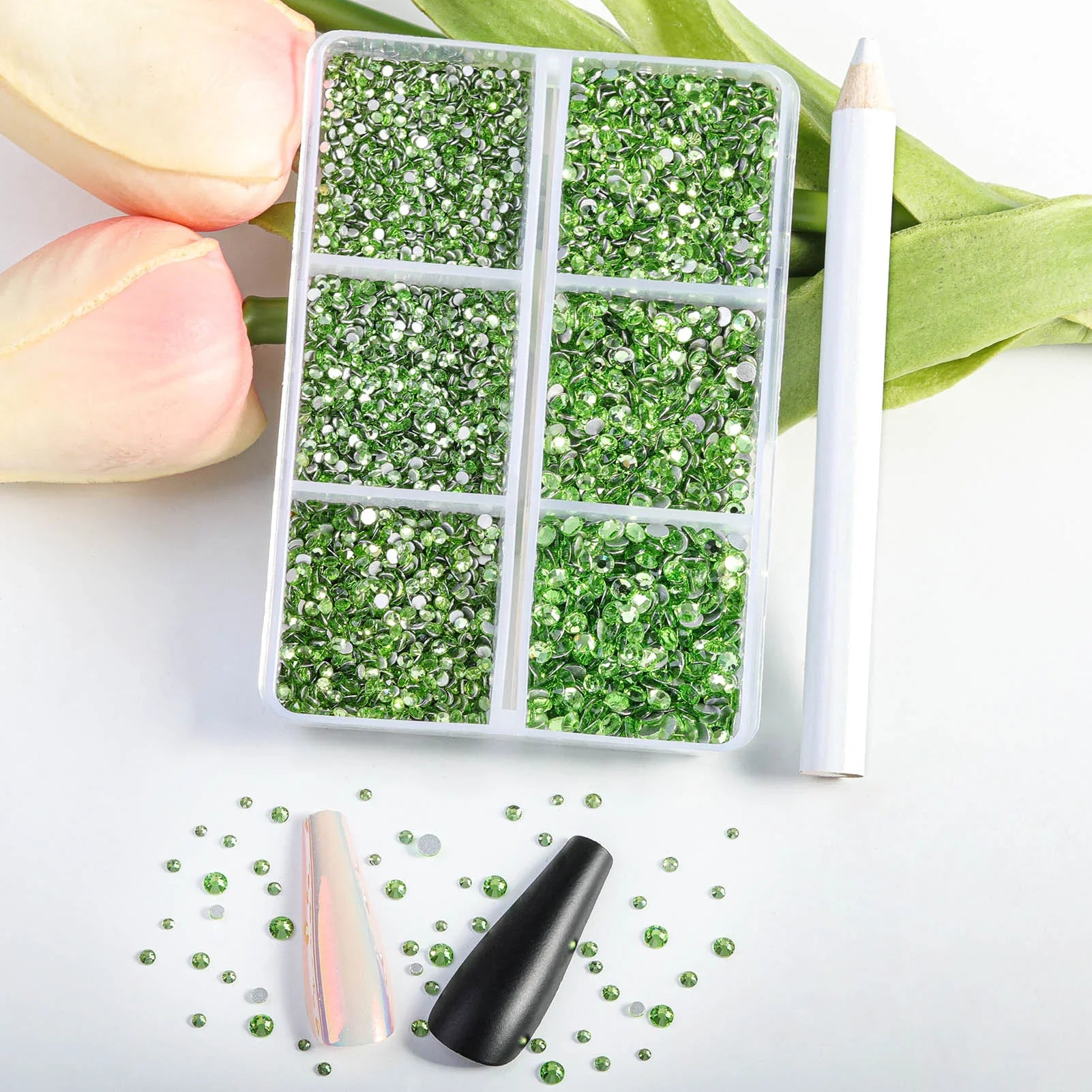 7200pcs Flatback Rhinestones,Nail Gems Round Crystal Rhinestones for Crafts,Mixed 6 Sizes with Wax Pencil Kit, SS3-SS10- Light Green - Image 2