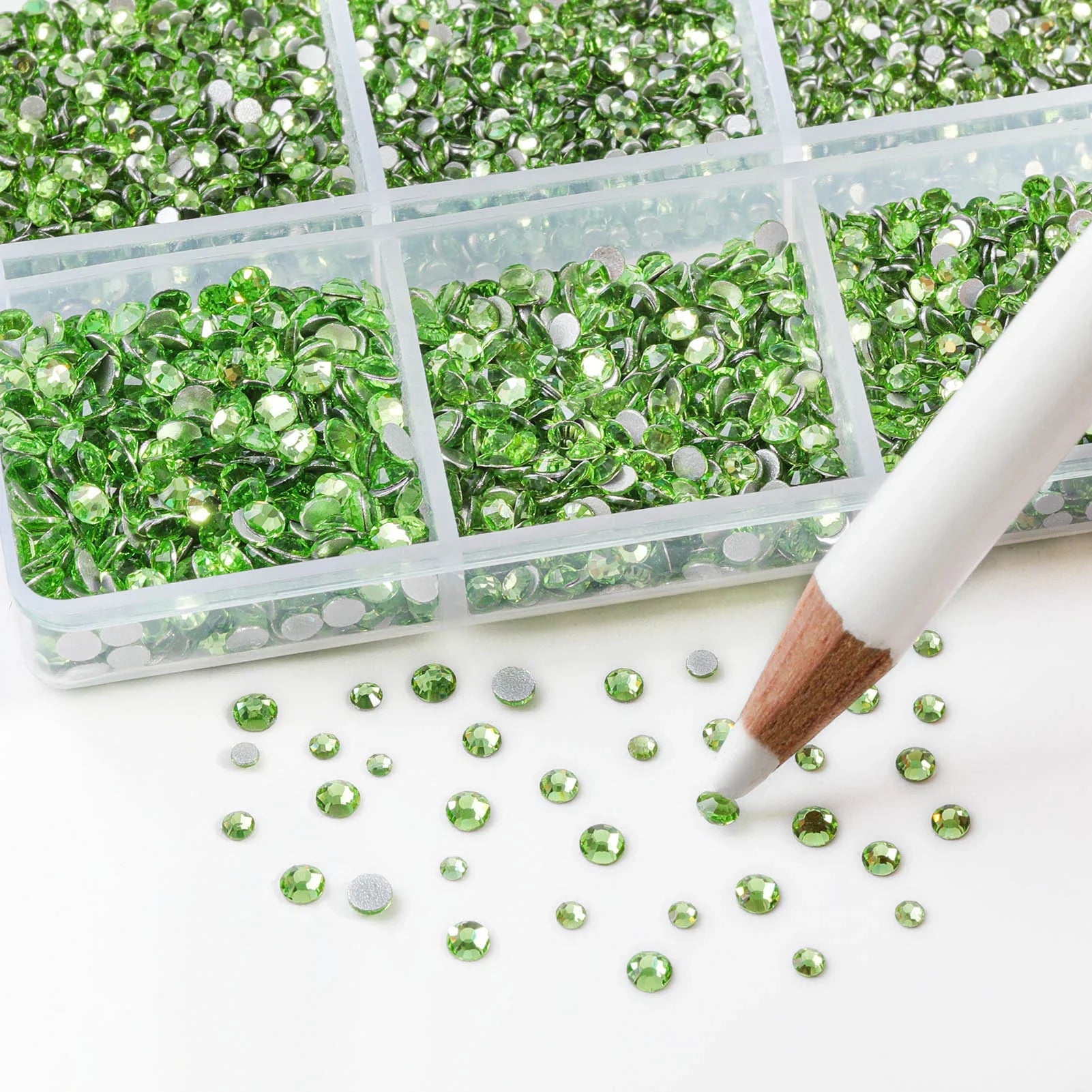 7200pcs Flatback Rhinestones,Nail Gems Round Crystal Rhinestones for Crafts,Mixed 6 Sizes with Wax Pencil Kit, SS3-SS10- Light Green - Image 3