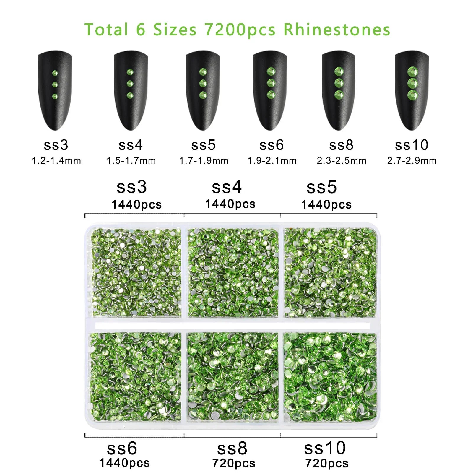 7200pcs Flatback Rhinestones,Nail Gems Round Crystal Rhinestones for Crafts,Mixed 6 Sizes with Wax Pencil Kit, SS3-SS10- Light Green - Image 4