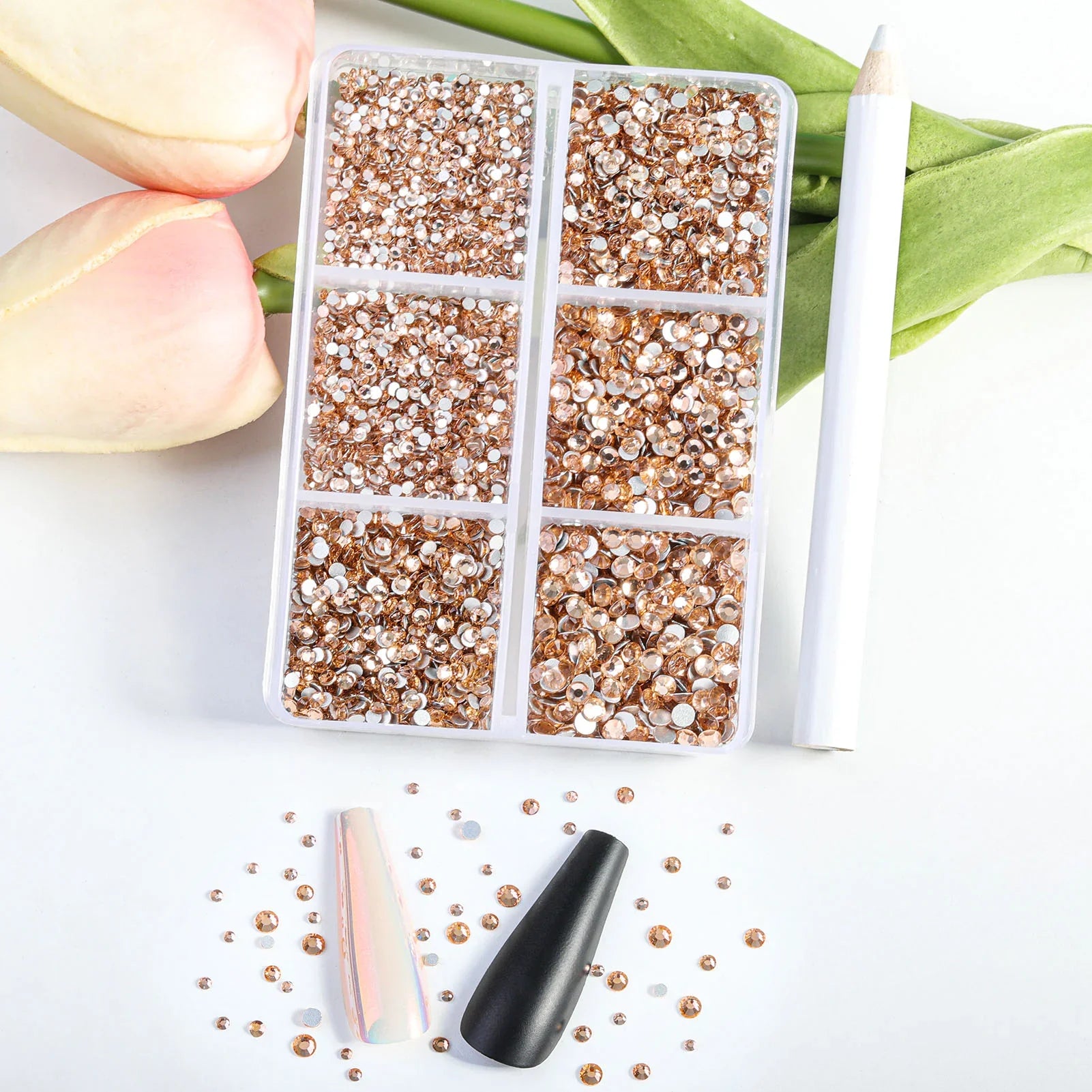 7200pcs Flatback Rhinestones,Nail Gems Round Crystal Rhinestones for Crafts,Mixed 6 Sizes with Wax Pencil Kit, SS3-SS10- Light Peach - Image 2
