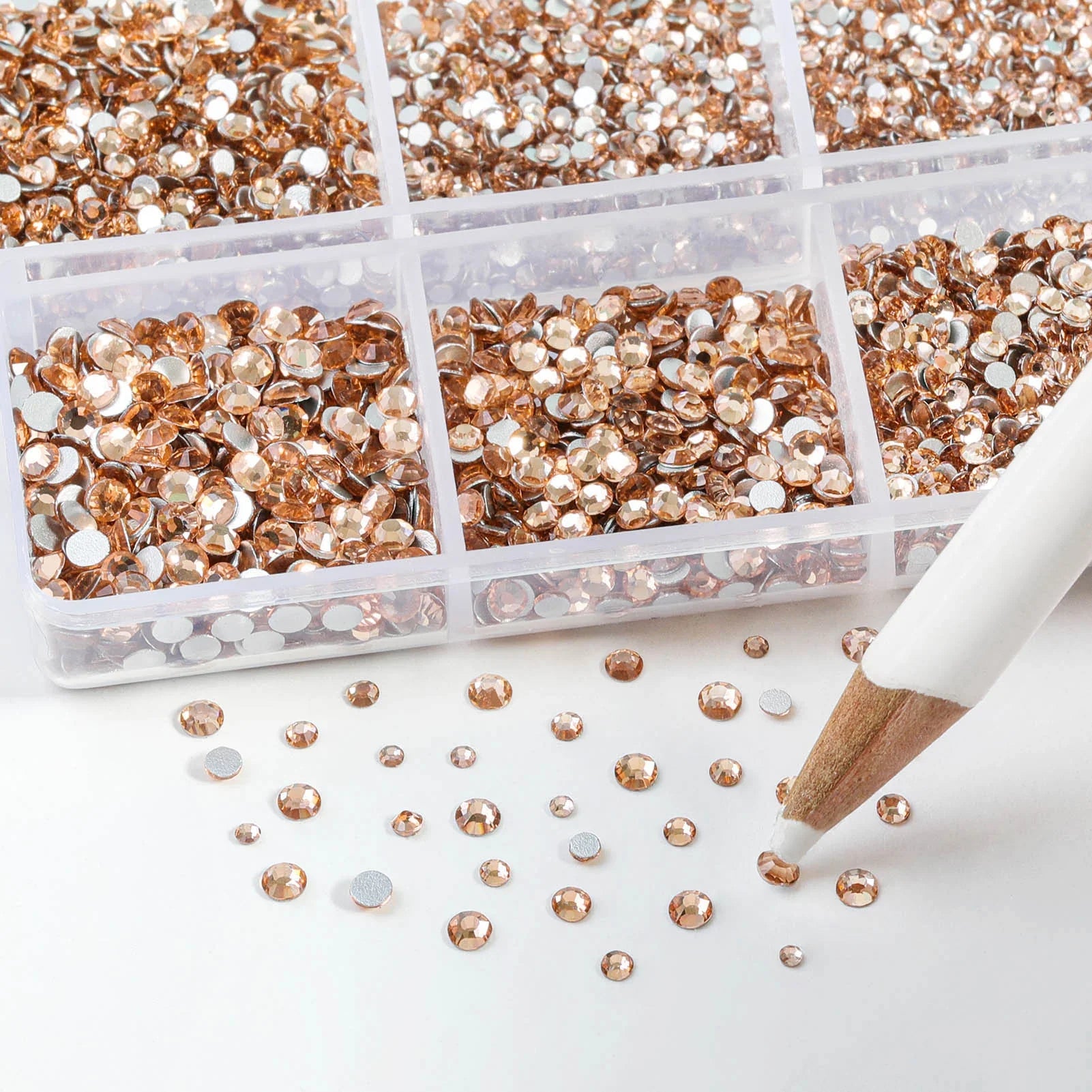 7200pcs Flatback Rhinestones,Nail Gems Round Crystal Rhinestones for Crafts,Mixed 6 Sizes with Wax Pencil Kit, SS3-SS10- Light Peach - Image 3