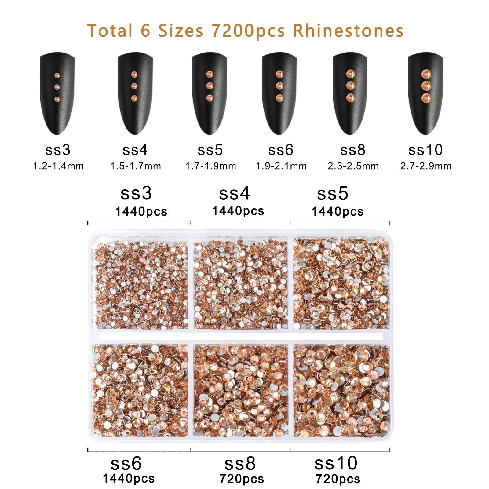 7200pcs Flatback Rhinestones,Nail Gems Round Crystal Rhinestones for Crafts,Mixed 6 Sizes with Wax Pencil Kit, SS3-SS10- Light Peach - Image 4