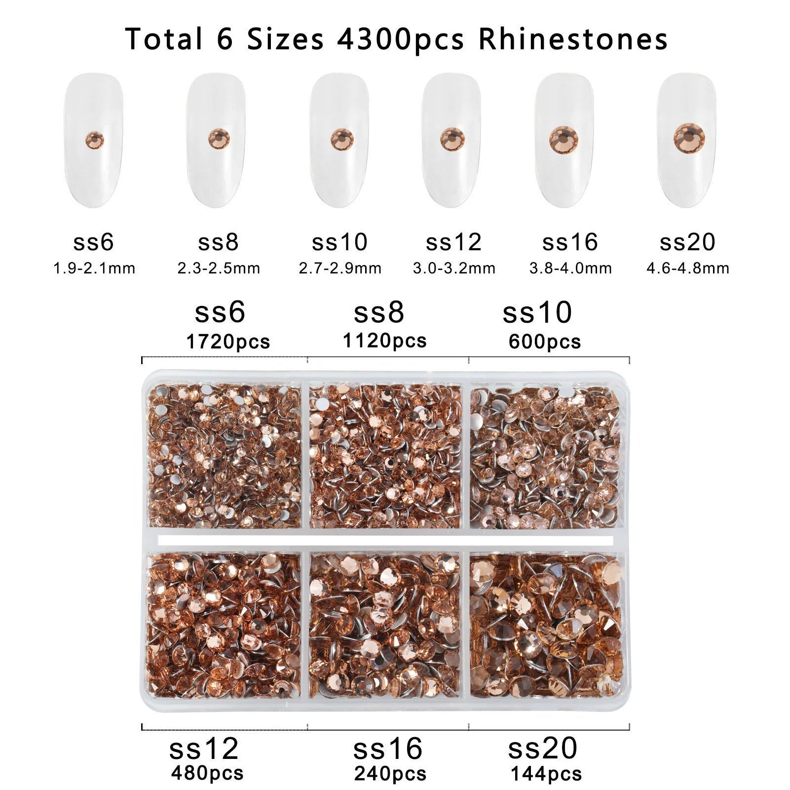 4300pcs Flatback Rhinestones, Nail Gems Round Crystal Rhinestones for Crafts,Mixed 6 Sizes with Picking Tweezers and Wax Pencil Kit- Light Peach - Image 3