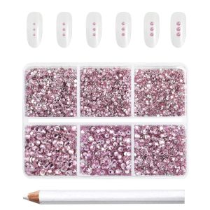 7200pcs Flatback Rhinestones,Nail Gems Round Crystal Rhinestones for Crafts,Mixed 6 Sizes with Wax Pencil Kit, SS3-SS10- Light Pink