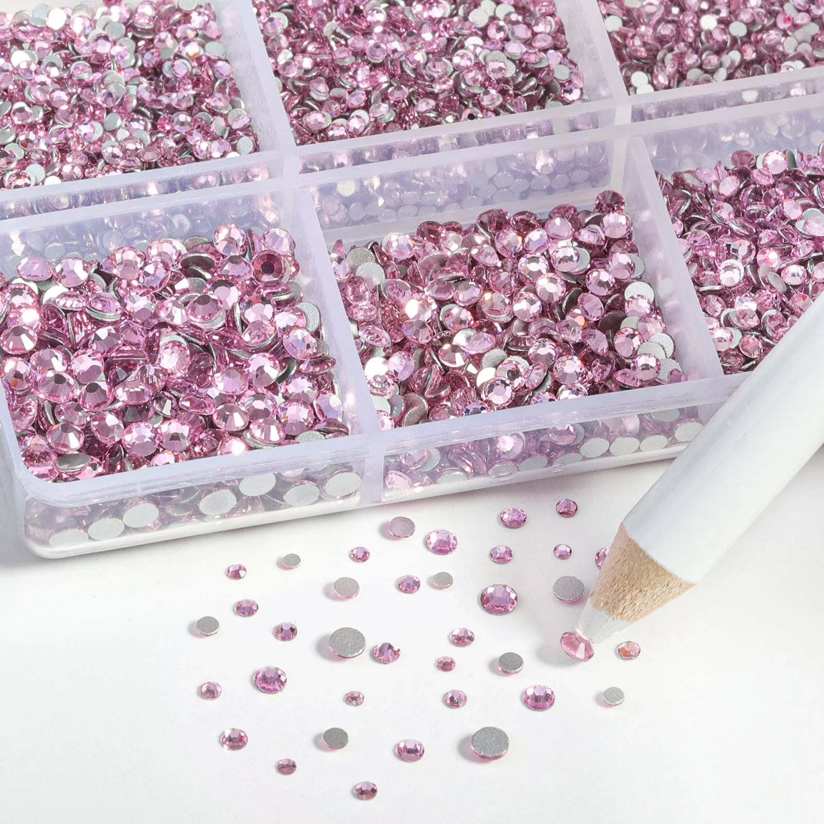 7200pcs Flatback Rhinestones,Nail Gems Round Crystal Rhinestones for Crafts,Mixed 6 Sizes with Wax Pencil Kit, SS3-SS10- Light Pink - Image 3