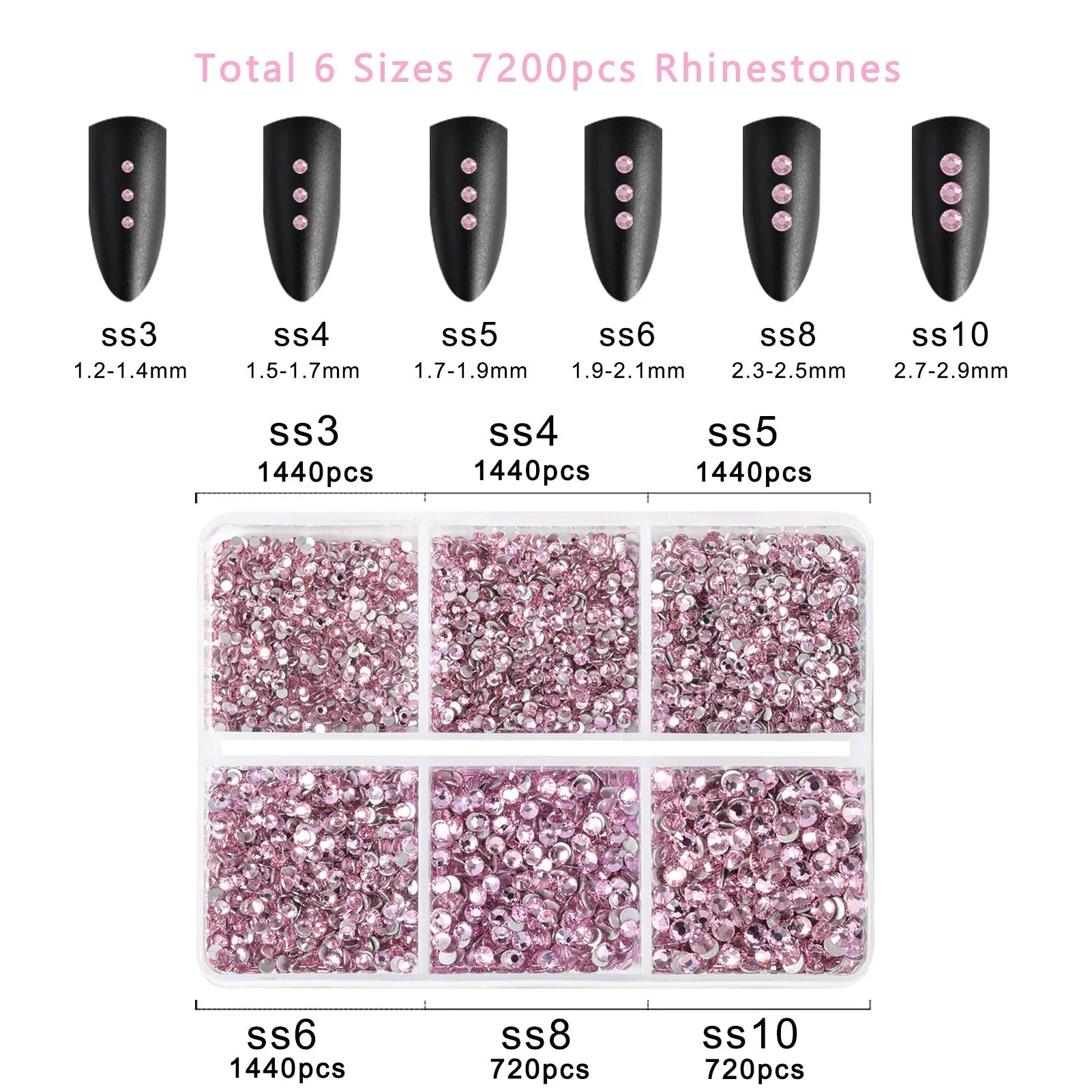 7200pcs Flatback Rhinestones,Nail Gems Round Crystal Rhinestones for Crafts,Mixed 6 Sizes with Wax Pencil Kit, SS3-SS10- Light Pink - Image 4